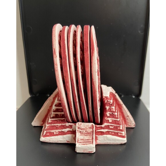 Set of 6 Mayan calendar red coasters 3" with stand. - Picture 5 of 11